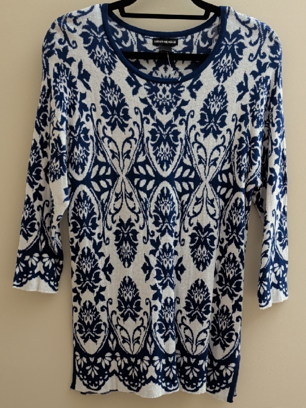 Lauren Michelle Navy & White Floral Jacquard Sweater – Size XL | NWOT